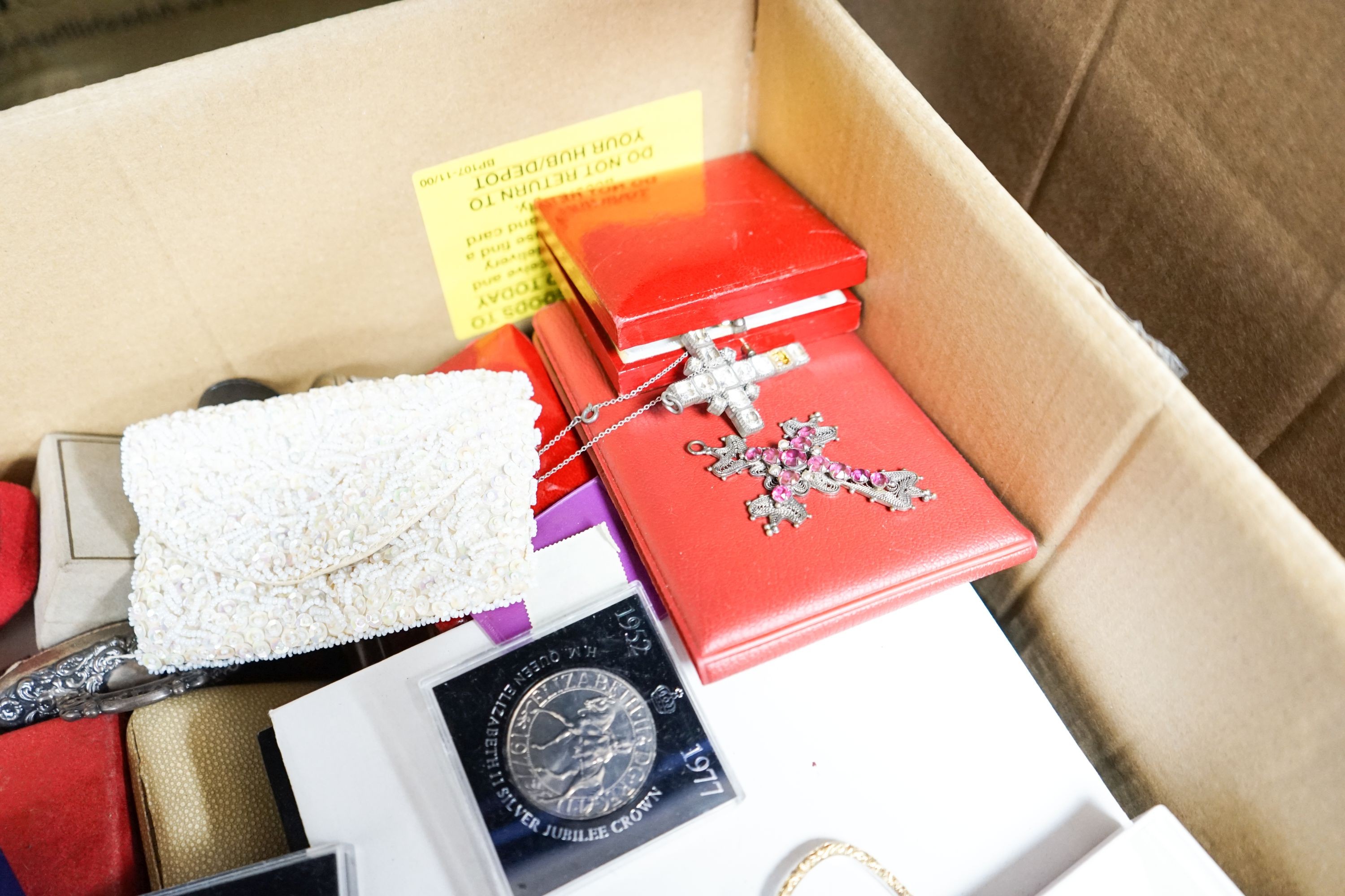 A group of assorted costume jewellery etc. including some small silver, a 9ct gold and two stone cultured pearl crossover ring, a yellow metal overlaid spy glass, commemorative coins and a large yellow metal mounted oval